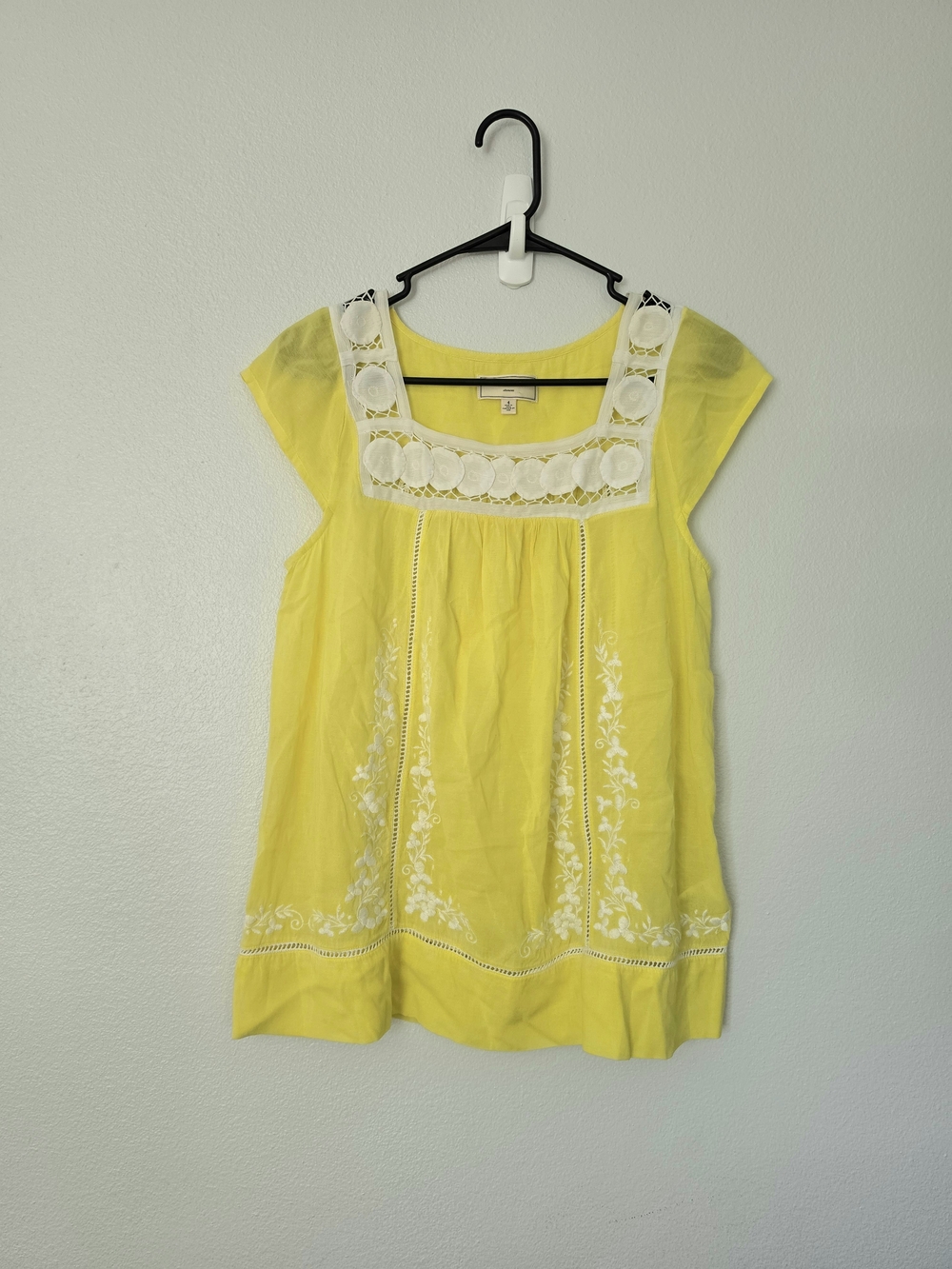 Anthropologie Yellow Embroidered Square-Neck Blouse